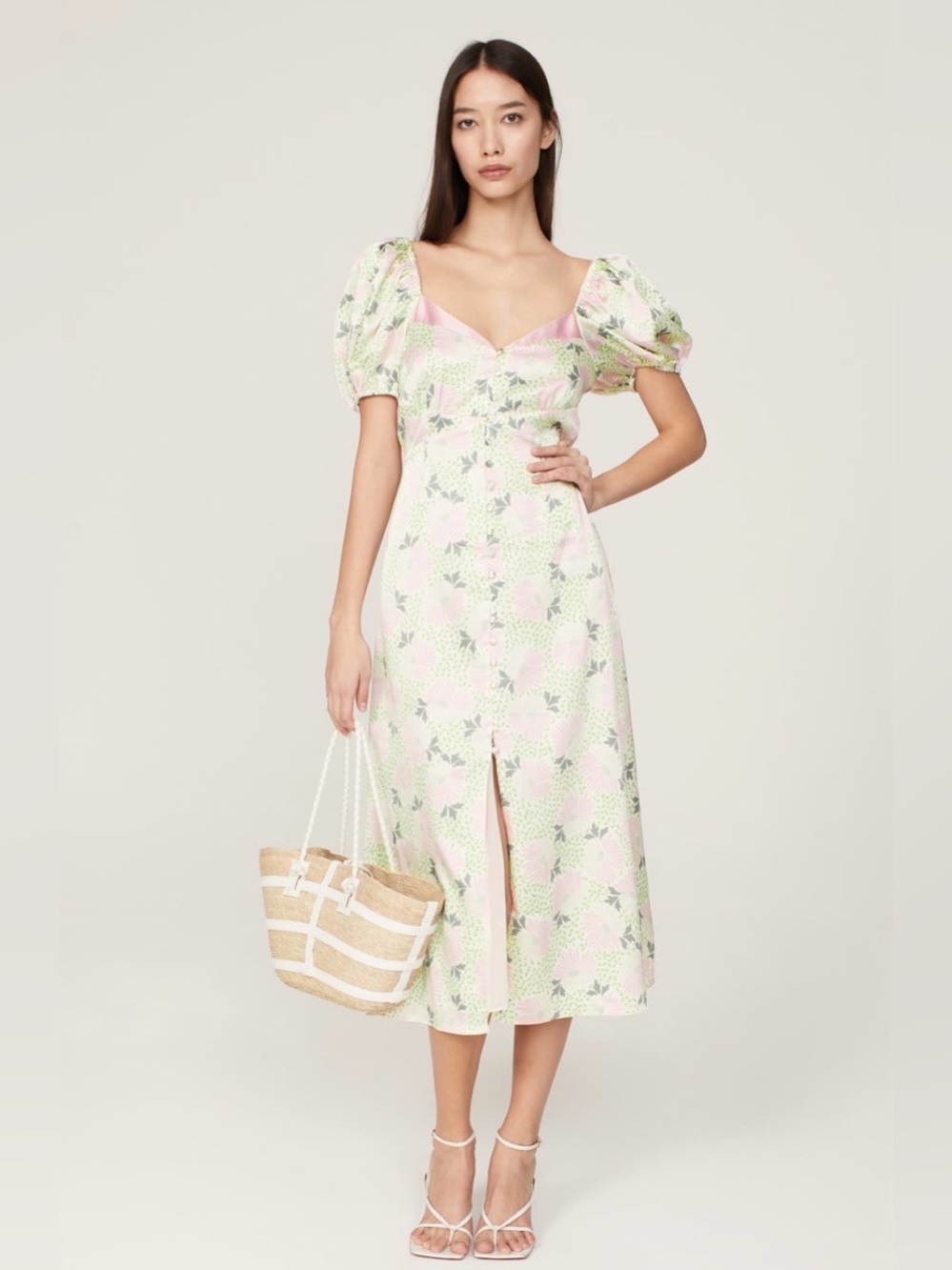 Ted Baker~Pink & Cream Floral Puff-Sleeve Midi Ledaah Dress~Size 1 (US 2-4)~$325